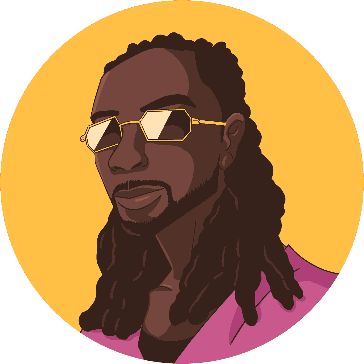 Illustration of Andre Lawrence, African American male with sunglasses and dreadlocks.